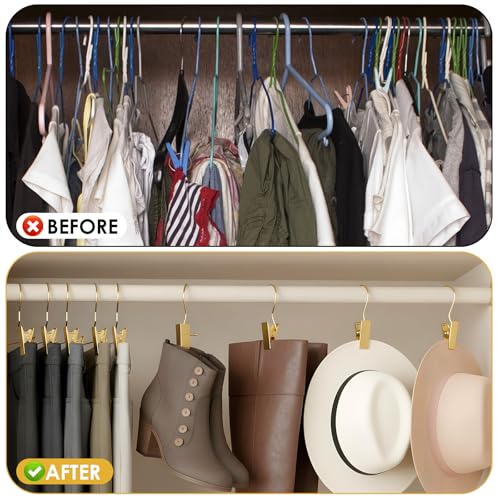 40 Pack Gold Boot Hangers for Closet, Pants Hangers with Clips Portable Travel Hanges Space Saving, Boot Clip Hooks for Hanging Clothes Pins Leggings Hangers Laundry Towels Hat Bra Socks Jean