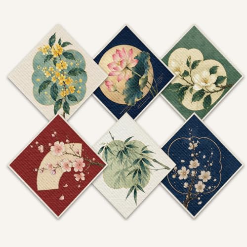 Shwing Swedish Dishcloths for Kitchen 6 Pack Asian Floral Bamboo Lotus Pattern Reusable Paper Towels Kitchen Towels Dish Cloths for Washing Dishes Washable Quick Drying Absorbent Cleaning Cloths - color: Asian Floral
