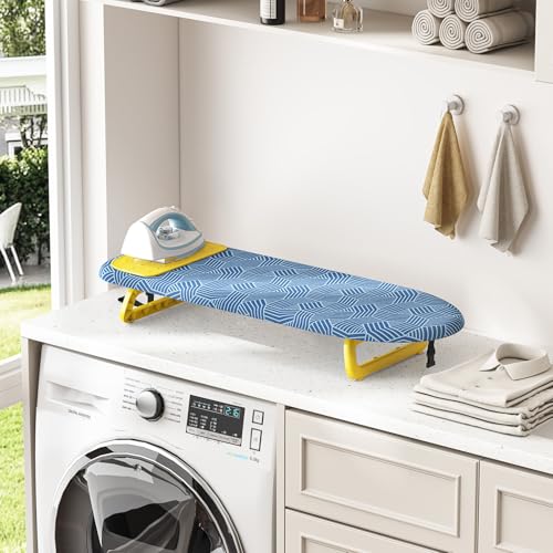 KINGBOARD Small Ironing Board with Iron Mat, Compact Tabletop Iron Board - color: Blue & Yellow