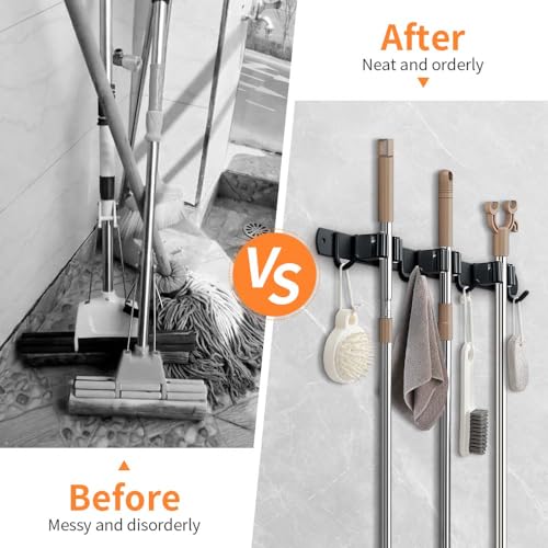 JAMEND CLXP Broom Hanger and Mop Holder, Heavy Duty Garden Tool Organizer Rack Rake and Shovel Handle, Stainless Steel Wall Mounted Utility Rack with Screws (5 Racks with 4 Hooks, Matte Black). - color: 1 Pack, size: 5R4H