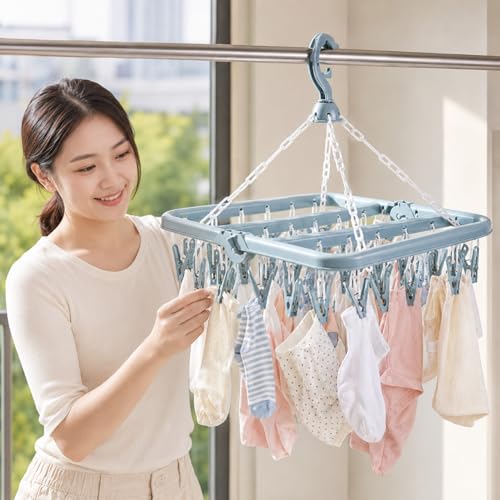 32-Clip Hanging Drying Rack, Thickened Plastic Windproof Clothes Hanger with Clips, Foldable Sock Drying Rack for Underwear, Clothes, Towels and Small Laundry, Indoor Outdoor Laundry Hanger (Blue) - color: Blue