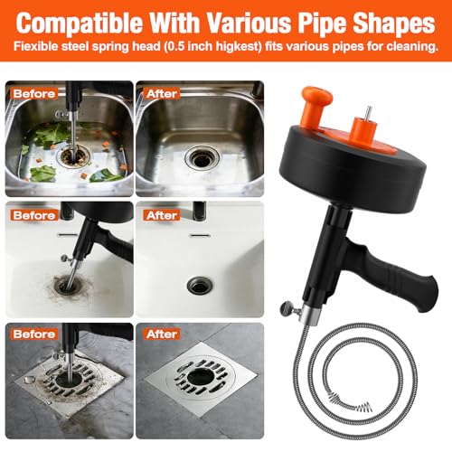 25FT Plumbing Drain Auger Snake, Multi-use Drain Cleaner & Pipe Hair Removal Tool, Drill Powered & Manual Type with Drill Adapter and Gloves for Sink, Shower Drain, Bathtub, Kitchen Sink