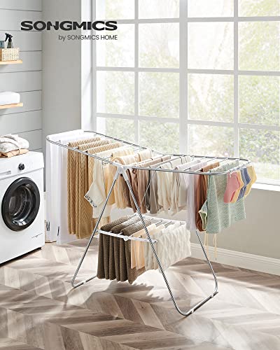 SONGMICS Clothes Drying Rack, Foldable Space-Saving Steel Laundry Rack - color: Silver + White, size: 1 Tier （21.7"d x 58.3"w x 39.4"h）