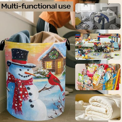 Snowman Cardinal Large Clothes Hamper Bag - Laundry Basket with Handles, Space Saving Foldable Design for Nursery - color: Snowman Cardinal