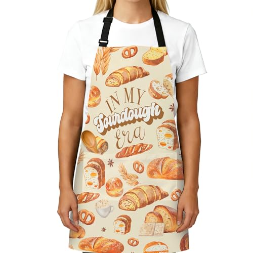 Adjustable Baking Aprons for Women - Cooking Aprons for Women with Pockets, Perfect for Baking Cooking Gradening - color: Yellow Sourdough