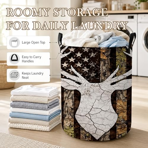 Laundry Hamper, Deer Antlers Collapsible Camo Flag Laundry Baskets Waterproof Oxford Cloth With Handles, Clothes Storage Bucket For Bathroom/Bedroom 16" x 20.8" - color: Deer Antlers