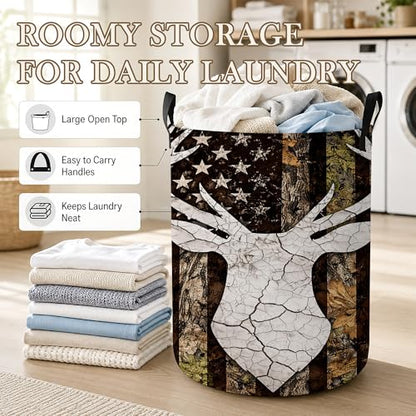 Laundry Hamper, Deer Antlers Collapsible Camo Flag Laundry Baskets Waterproof Oxford Cloth With Handles, Clothes Storage Bucket For Bathroom/Bedroom 16" x 20.8" - color: Deer Antlers