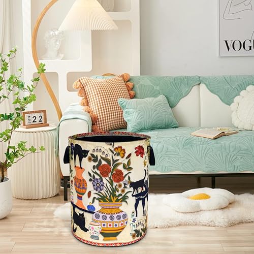 Black Cat Flower Laundry Basket Floral Vase Art Oxford Cloth Laundry Hamper - color: Black Cat Flowers