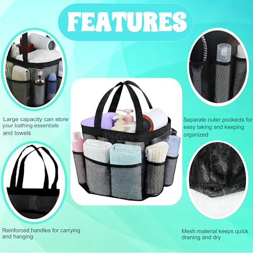Mesh Shower Caddy Portable - 9 Pockets, Shower Bag for Dorm Room Camping - color: Black