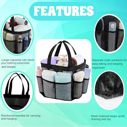 Mesh Shower Caddy Portable - 9 Pockets, Shower Bag for Dorm Room Camping - color: Black