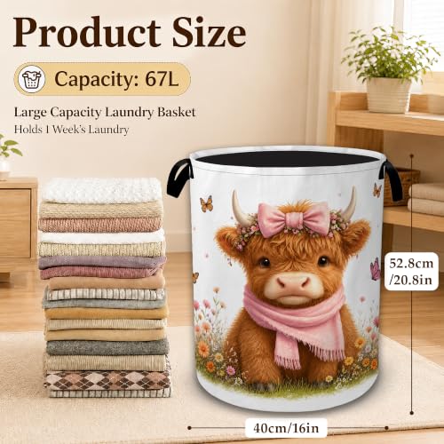 Cute Highland Cow Bow Collapsible Laundry Hamper for Bedroom, Freestanding Oxford Clothes Basket, Large Foldable Storage Bin with Easy-Carry Handles for Bathroom Dorm Laundry Room - color: Cute Highland Cow Bow