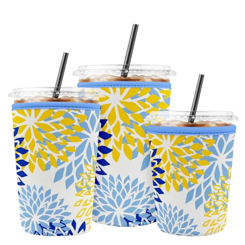 Iced Coffee Sleeve Reusable Neoprene Cup Sleeves, Blue Flower - color: Blue Yellow Flower