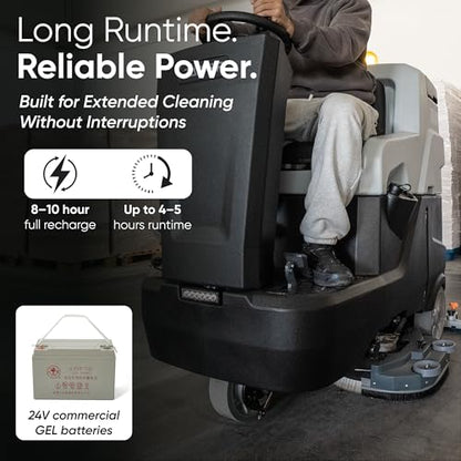 Battery Powered Ride-On Commercial Floor Scrubber Machine, 30" Brush, 39" Squeegee Width, 24 gal Solution Tank, 25 gal Recovery Tank, 5 hr Use 8 hr Charge, 180 RPM, 52,000 Sqft/H, Batteries Included - size: 30"