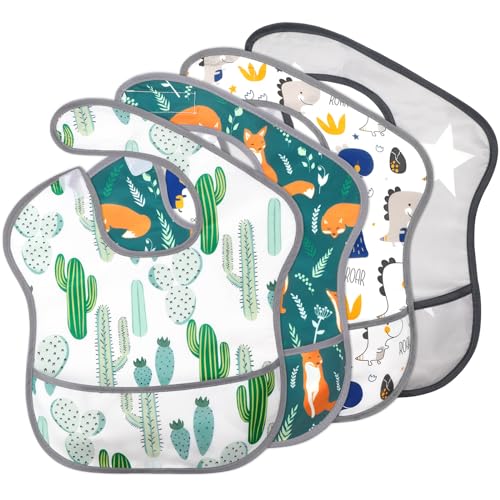 Accmor Baby Bibs for Eating, Waterproof Mess Proof Baby Toddler Bibs, Apron Smock Feeding Bibs for Girls Boys - color: 4pcs-dinosaurs, Foxes, Cacti, Stars