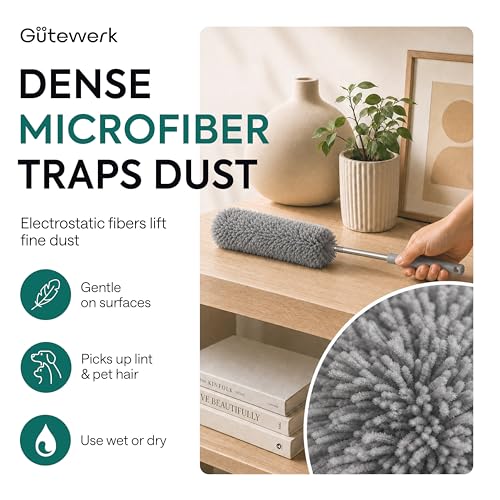 Gütewerk Extendable Microfiber Duster, 360° Bendable Head, 55 Inch Grey - color: Gray, size: up to 55 inch