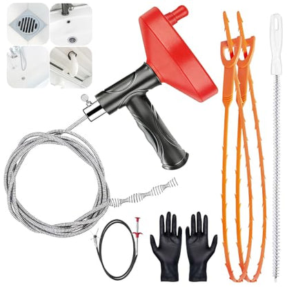 Drain Snake Auger 33 Ft, Plumbing Snake Drain Hair Clog Removal Tool, Heavy Duty Snake Auger, Sink Unclogger Drain Cleaner Tool for Bathroom Kitchen Tub Shower Drain Clog Remover with Gloves