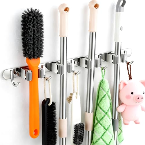 Saihisday Broom Holder Wall Mount, Stainless Steel Mop and Broom Organizer, Heavy Duty Storage Rack with 4 Racks 5 Hooks for Garage Kitchen Laundry Room Garden Bathroom(Gray) - color: Gray