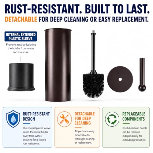 HUJI Rust Resistant Bronze Toilet Brush Holder with Lid Perfect Bathroom Bowl Cleaning Set Gift for House Warming or College Dorms Accessories (1, Bronze Toilet Brush)