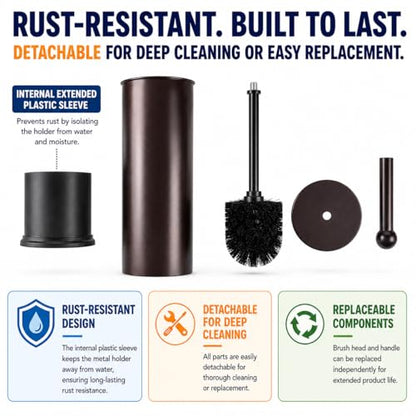 HUJI Rust Resistant Bronze Toilet Brush Holder with Lid Perfect Bathroom Bowl Cleaning Set Gift for House Warming or College Dorms Accessories (1, Bronze Toilet Brush)