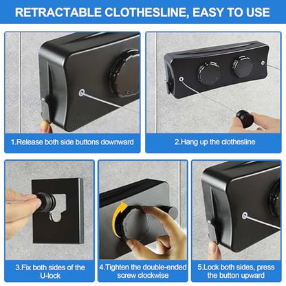 ROOM127 Wall-Mounted Double Retractable Clothesline, 16.4 Ft, Matte Black - color: Matte Black