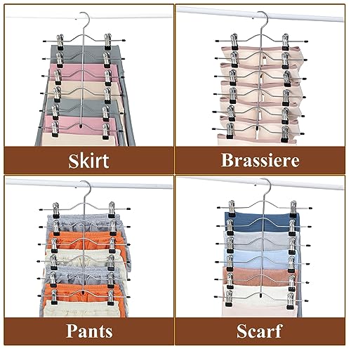 Multi Layer Pants Hangers, 6 Tier Skirt Hangers with Adjustable Clips, Non Slip Space Saving Closet Organizer Heavy Duty 360 Degree Swivel Hook, Great for Slack, Trouser, Jeans(Black) - size: 6 Tier