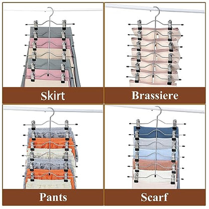 Multi Layer Pants Hangers, 6 Tier Skirt Hangers with Adjustable Clips, Non Slip Space Saving Closet Organizer Heavy Duty 360 Degree Swivel Hook, Great for Slack, Trouser, Jeans(Black) - size: 6 Tier