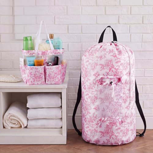 2 Pcs Backpack Laundry Bag and Caddy Set for Dorm and Travel, Floral, Pink - color: Pink