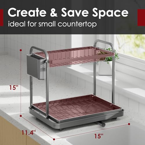 Sakugi Dish Drying Rack 2-Tier 15" x11.4" x15" Gray Double Rod - color: Gray, size: Large