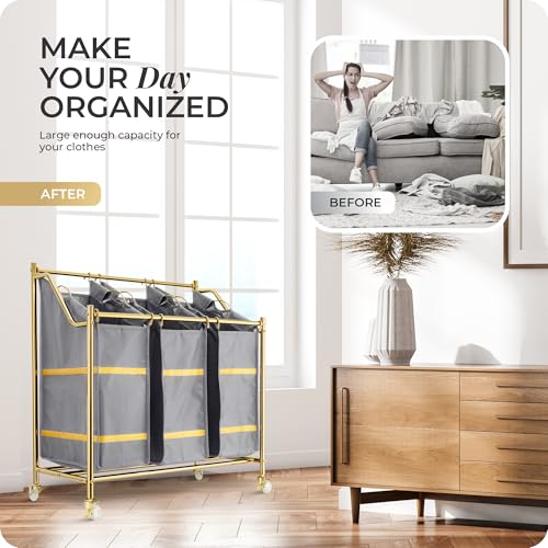 LUXURY STYLE 3- Sections Laundry Sorter, Roling Laundry Cart, Modern Golden Laundry Hamper, 3-Bags Hamper, Organizer with Wheels, Clothes Basket, XL Hamper for Clothes, Toys, and Towels (Cool Gray) - color: Cool Gray