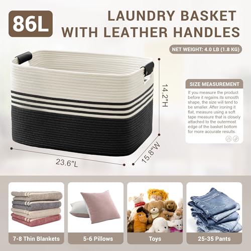 86L Large Woven Laundry Basket Hamper with Leather Handles,Black - color: Black, size: 86L