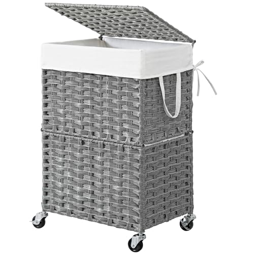Chrislley Wicker Laundry Basket with Wheels,Rolling Laundry Hamper with Lid - color: Grey