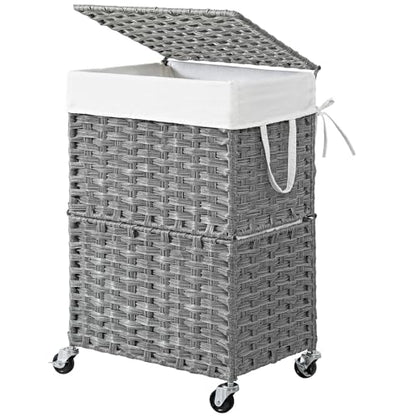 Chrislley Wicker Laundry Basket with Wheels,Rolling Laundry Hamper with Lid - color: Grey