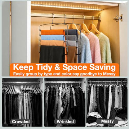 Korpai 6-Pack Pants Hangers Space-Saving Multi-Layer,150° Rotate Metal Swing Arm Non Slip Rubber Coating,Closet Organizers and Storage 360 Swivel Top Hook for Jeans,Trouser,Slacks,Skirt,Scarfs,Towels