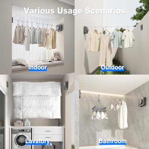 MUSTORN Retractable Clothesline Indoor, Non-Sagging Outdoor Clothes Line Retracting Heavy Duty Clothes Drying Laundry Line Wall Mounted Stainless Steel Line-13.8 Feets(Square-Gray) - color: Gray