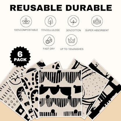 6 Pack Swedish Dishcloths Black White Geometric Kitchen Towels 04 - color: Multi 1520