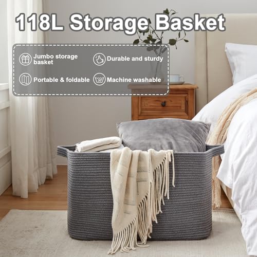 OIASKET 118L Extra Large Blanket Basket, 24.8" x 17.7" x 17.2" Woven Basket - color: Grey, size: 24.8"x17.7"x16.2"