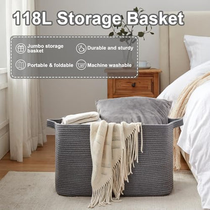 OIASKET 118L Extra Large Blanket Basket, 24.8" x 17.7" x 17.2" Woven Basket - color: Grey, size: 24.8"x17.7"x16.2"