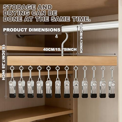Wooden Rotating Pants Hanger, Closet Organizer with 12 Clips, Space Saving Hanging Clothes Legging Wardrobe Organizer for Jeans, Hats, Shorts, Socks (Brown+Nature, 2Pack)