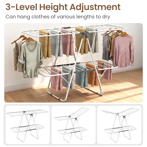 Clothes Drying Rack, 2-Tier Foldable Laundry Dryer Rack, Metal Height Adjustable Clothes Rack, for Outdoor & Indoor, with 31 Drying Rails, 59" L × 23.8" W