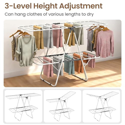 Clothes Drying Rack, 2-Tier Foldable Laundry Dryer Rack, Metal Height Adjustable Clothes Rack, for Outdoor & Indoor, with 31 Drying Rails, 59" L × 23.8" W