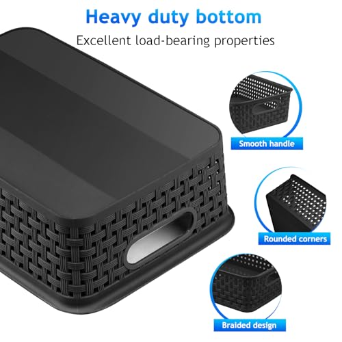 FUCDTEFC Black Plastic Basket, 8 Pack Home Organization and Storage Baskets with Handles, Space Saving Woven Organizer Bins Plastic Storage Basket for Organizing Cabinets,Closets, Shelves, Countertops - color: 8 Pack Large Black
