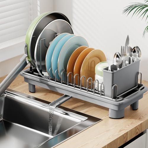 Laveshop Small Dish Drying Rack, Compact Dish Drainer for Kitchen Counter, with Adjustable Back Slots, Space-Saving for Small Kitchens, Gray - color: Gray