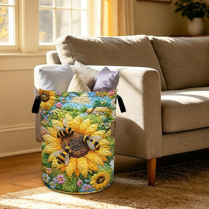 Bee Sunflowers Laundry Basket Foldable Oxford Laundry Hamper With Handle For Room Bathroom Bedroom - color: Bee