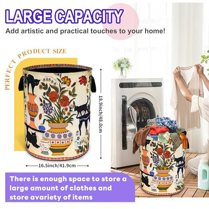 Black Cat Flower Laundry Basket Floral Vase Art Oxford Cloth Laundry Hamper - color: Black Cat Flowers