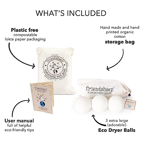 Friendsheep Wool Dryer Balls, Organic Reusable Fabric Softener Alternative for Laundry, Handmade, Fair Trade, Hypoallergenic, Eco-Friendly, Plastic-Free (3 Pack XL – White Trio) - color: White Trio, size: 1 Count (Pack of 3)