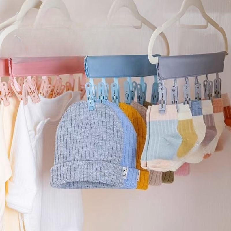 Portable Hanger Clips Travel Clothesline Folding Towel Drying Rack - color: Blue