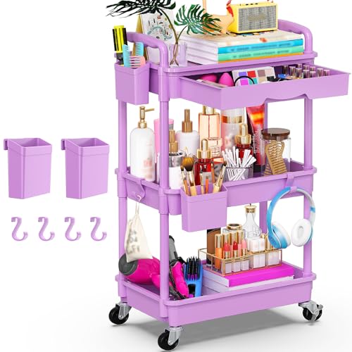 Goovilla 3 Tier Rolling Utility Cart Organizer with Removable Drawer,Purple - size: 3 Tier, style: Purple