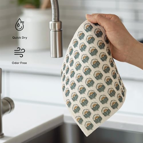 RECYCO Swedish Dishcloths for Kitchen | 5 Pack Indigo Petals Washable Dish Rags | Cellulose Reusable Cleaning Paper Towels | Absorbent Counter Dish Cloth Sponge Kitchen Wipes, 8" L x 7" W - color: Indigo Petals - 5 Pack