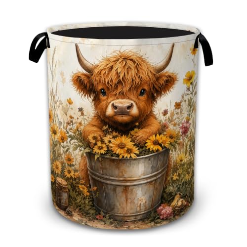 Highland Cow Flower Bucket Laundry Basket with Handles, Foldable Tall Oxford Clothes Hamper, Lightweight Water-Resistant Storage Bin for Bedroom Bathroom College Dorm, 16 x 20.8 Inch - color: Highland Cow Flower Bucket