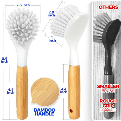 Holikme 3 Pack Dish Brush with Bamboo Handle Cleaning Brush,White - color: White